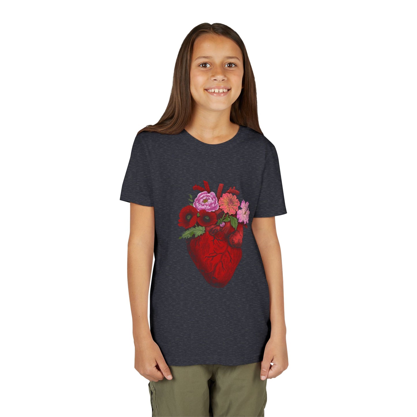 Floral Heart Youth Tee — Floral Anatomical Heart Graphic Kids T-Shirt