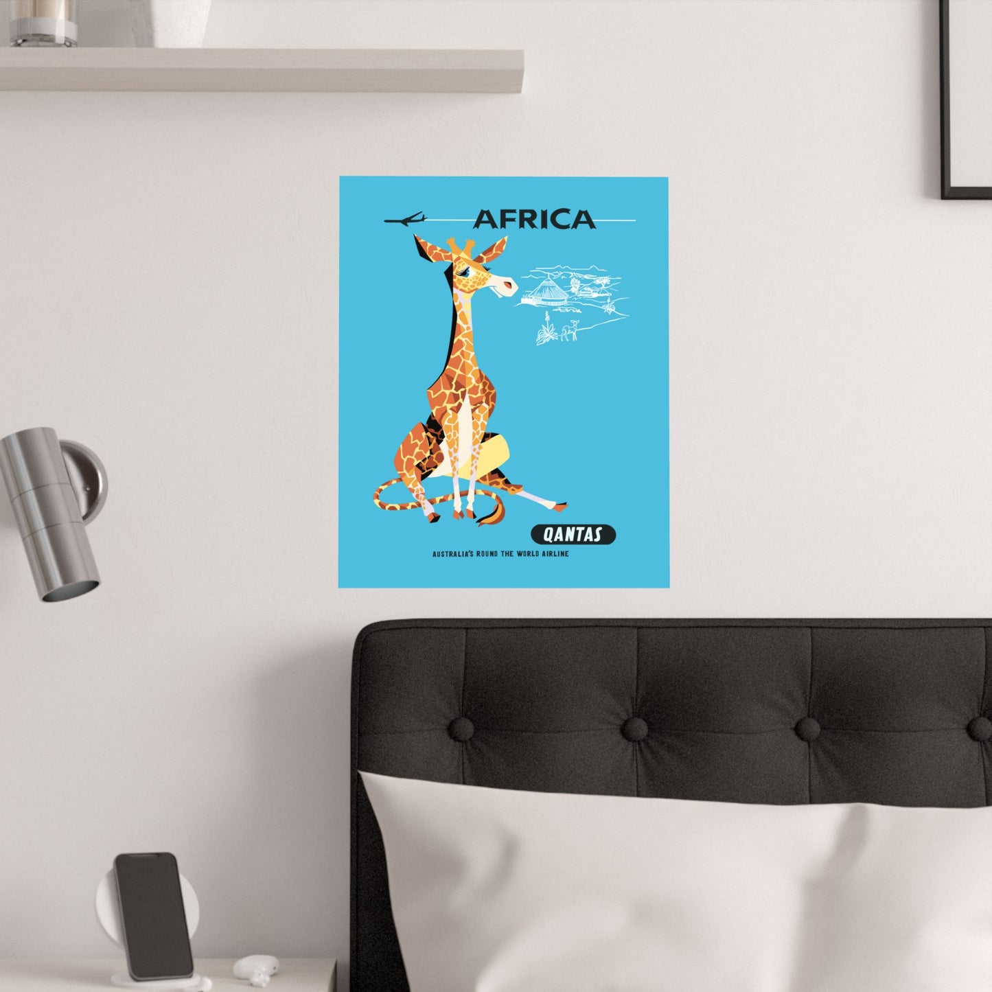 Vintage African Safari Qantas Australia Air Satin Poster