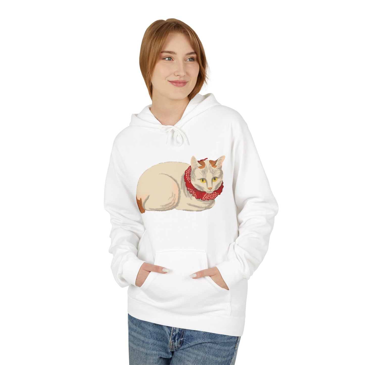 Cozy Red-Scarf Cat Hoodie — Cute Cream Cat Graphic Pullover