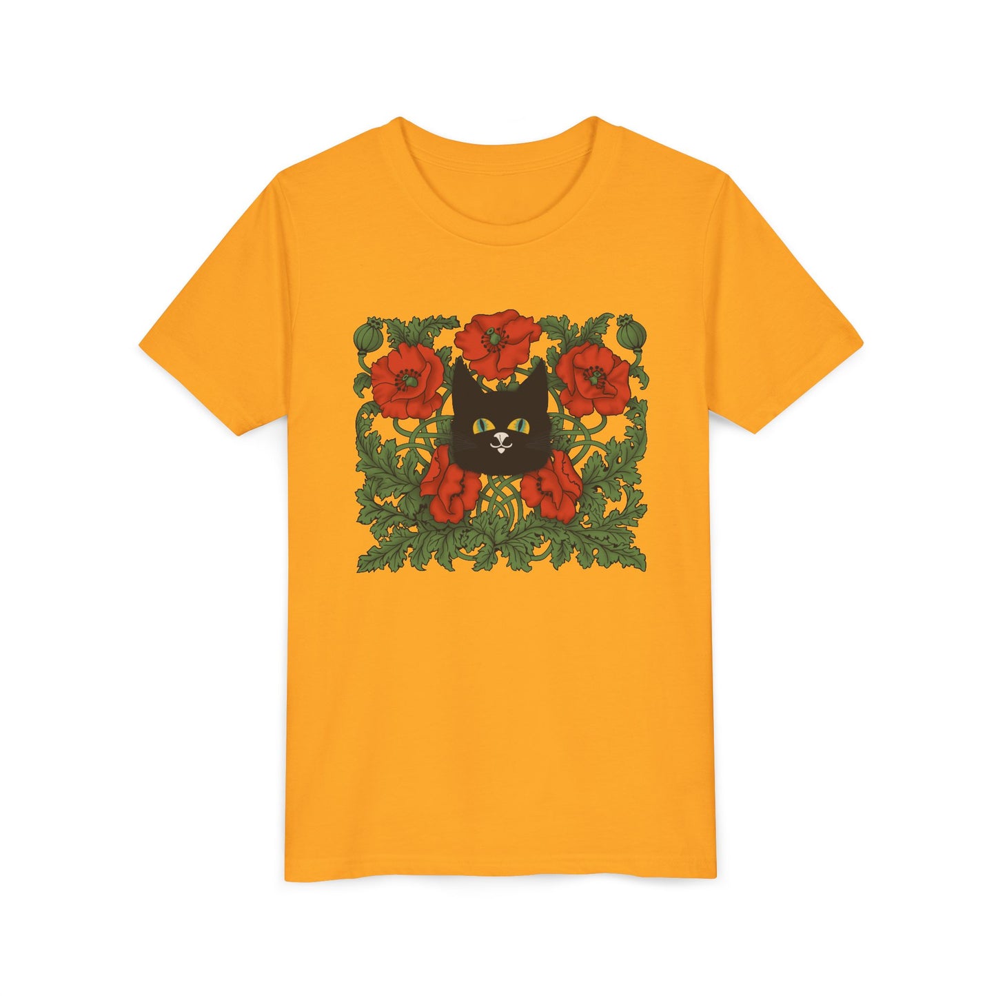Black Cat Poppies Floral Youth Tee — Black Cat with Red Poppies Kids Shirt