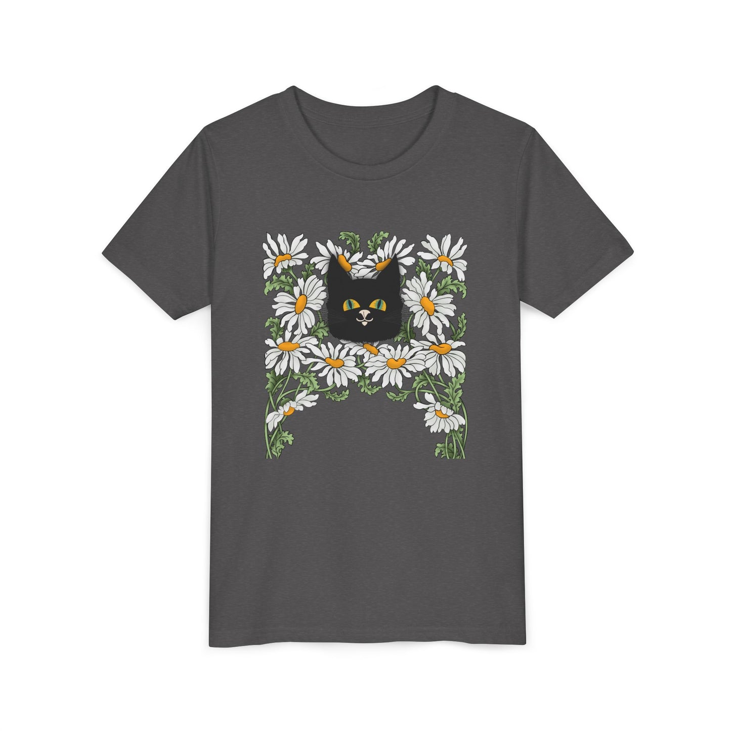 Daisies floral Youth Tee — Black Cat in Daisy Wreath Graphic