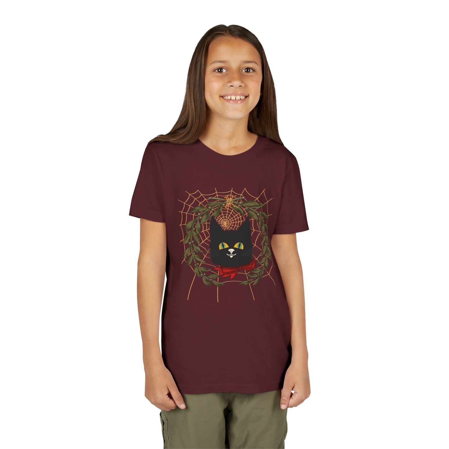 Youth Tee — Black Cat Wreath Holiday Shirt