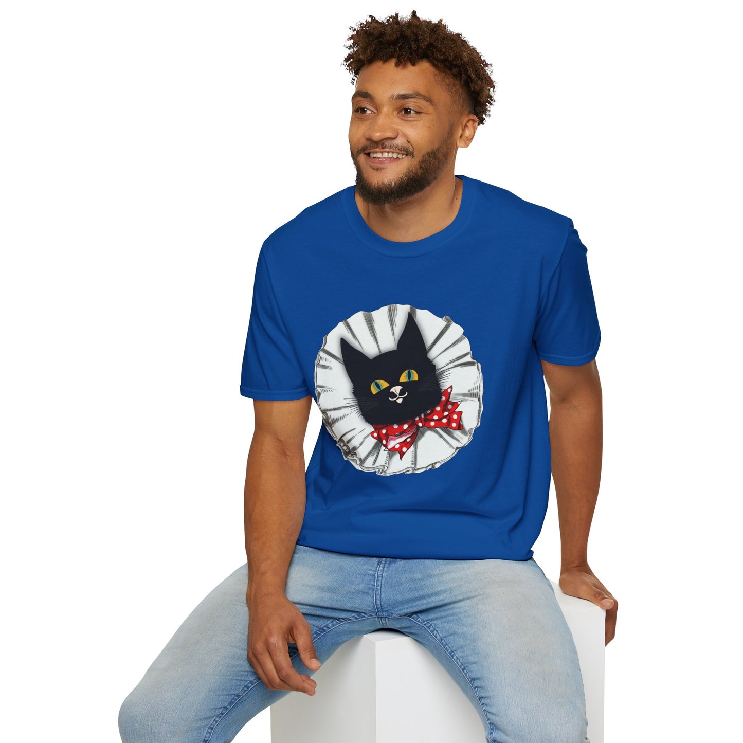 Black Cat Clown Portrait T‑Shirt — Cute Cat Face with Red Bow Graphic Tee