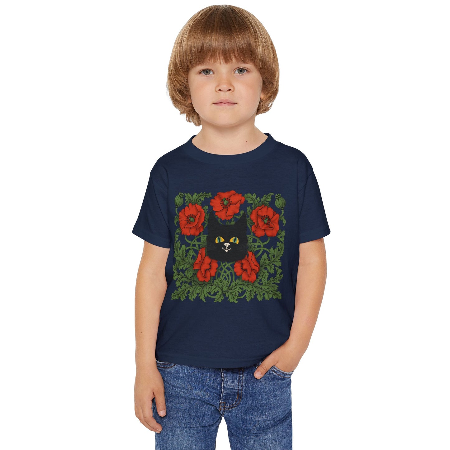 Poppies Black Cat Toddler T-Shirt — Black Cat in Poppy Garden (Cute Floral Kids Tee)