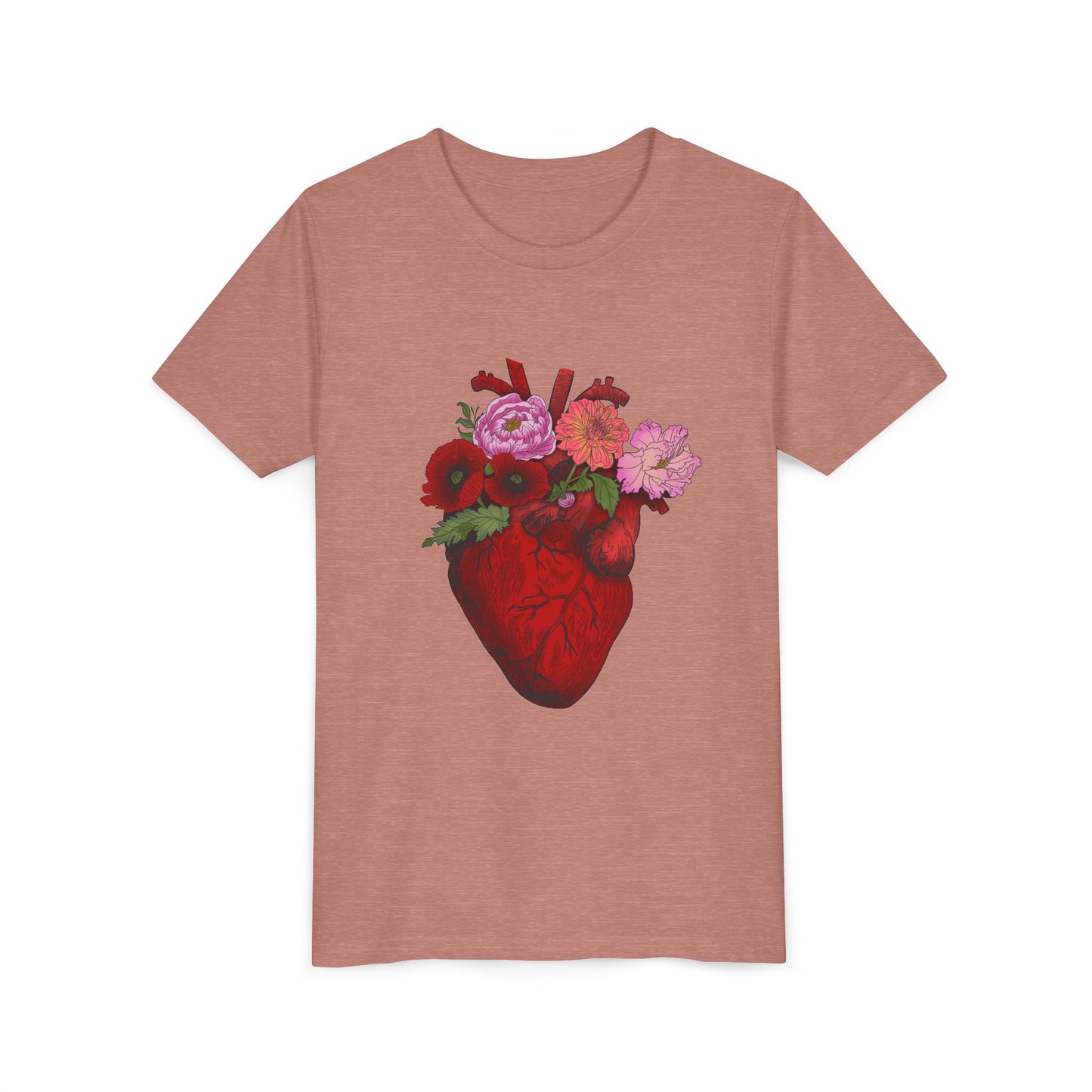 Floral Heart Youth Tee — Floral Anatomical Heart Graphic Kids T-Shirt