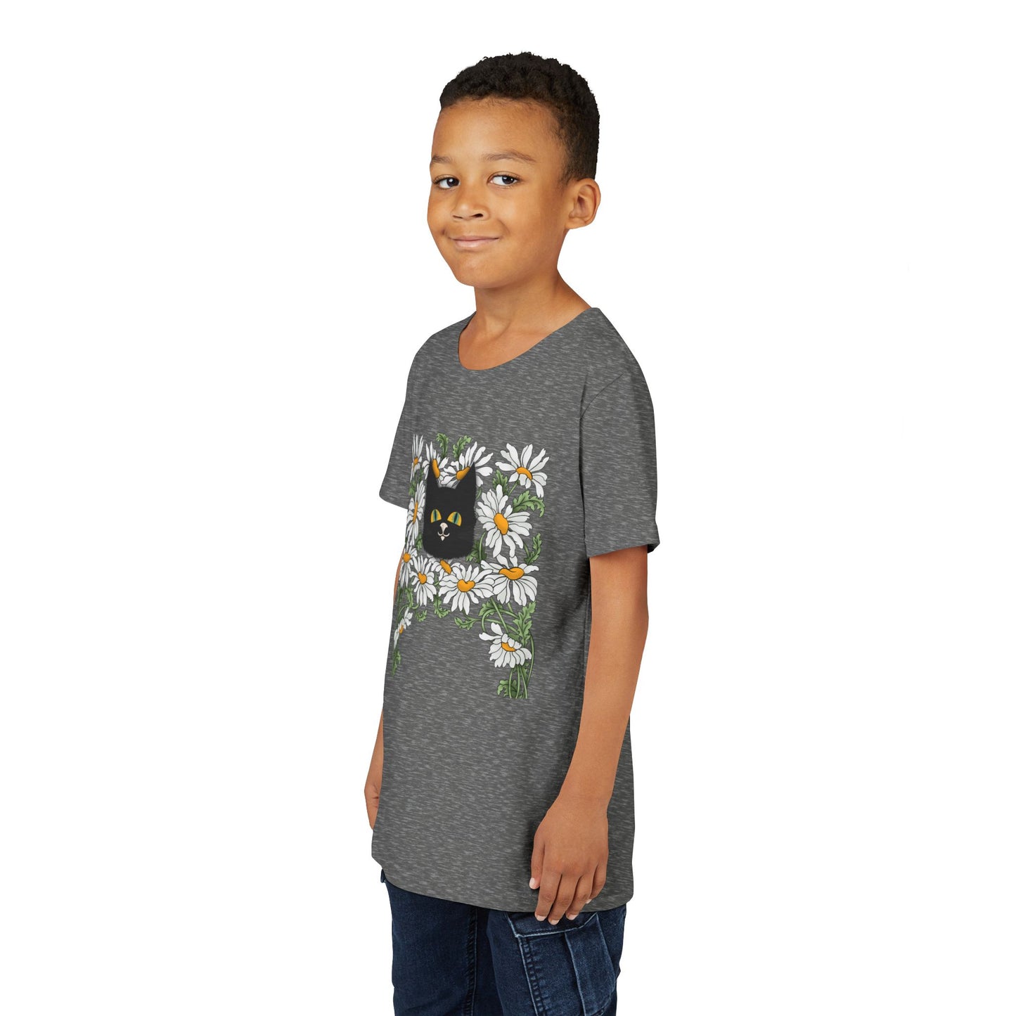 Daisies floral Youth Tee — Black Cat in Daisy Wreath Graphic