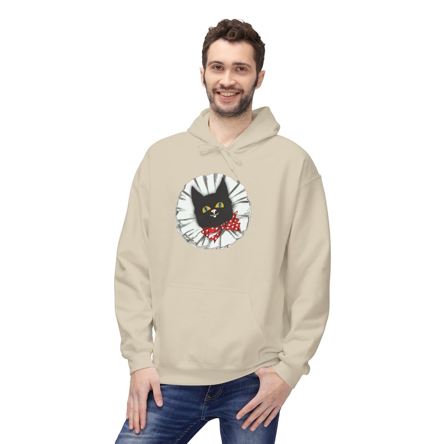 Black Cat Clown Hoodie — Cute Black Cat with Red Bow Music Lover Pullover