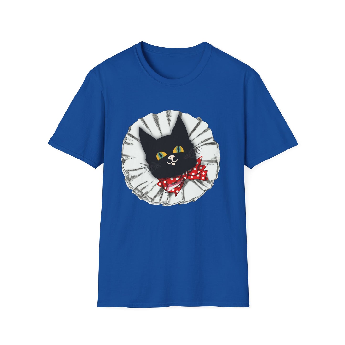 Black Cat Clown Portrait T‑Shirt — Cute Cat Face with Red Bow Graphic Tee