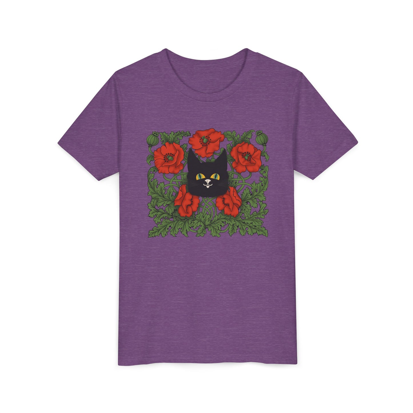 Black Cat Poppies Floral Youth Tee — Black Cat with Red Poppies Kids Shirt