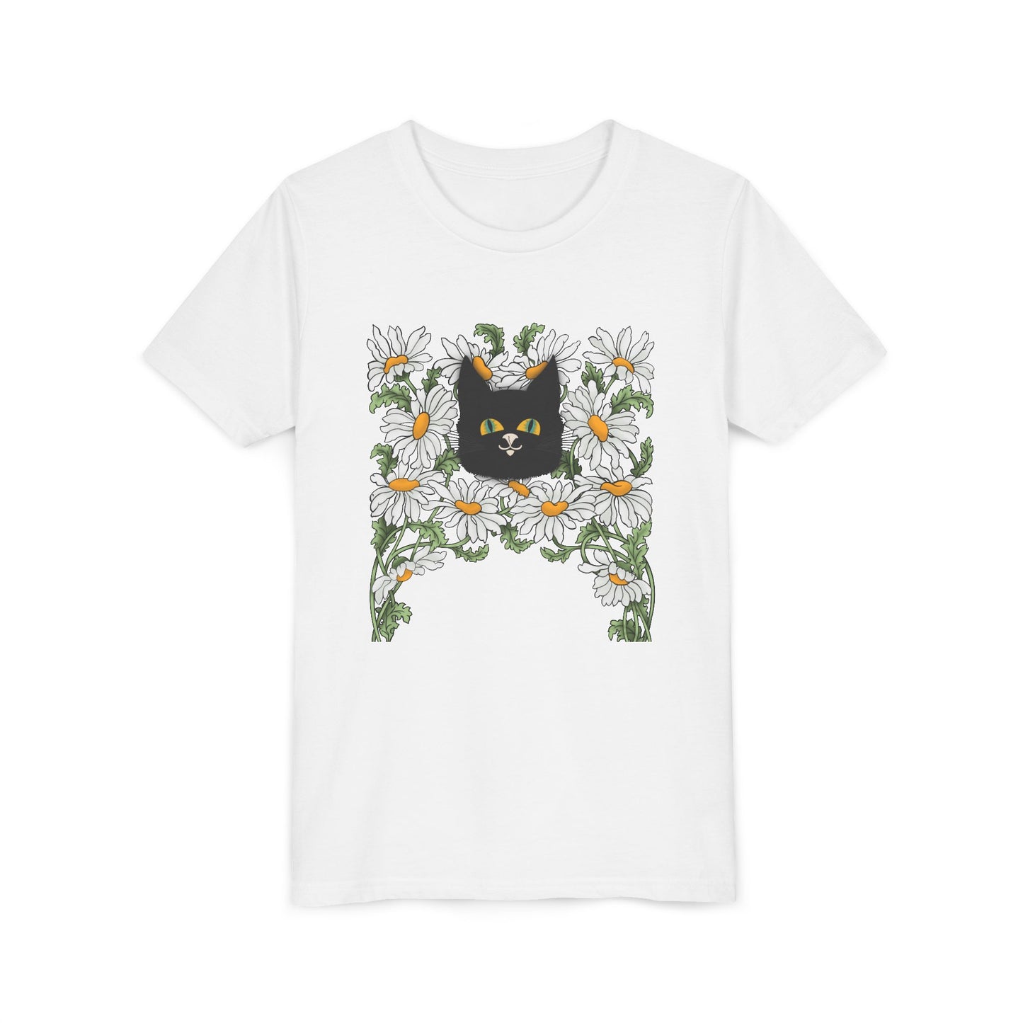 Daisies floral Youth Tee — Black Cat in Daisy Wreath Graphic