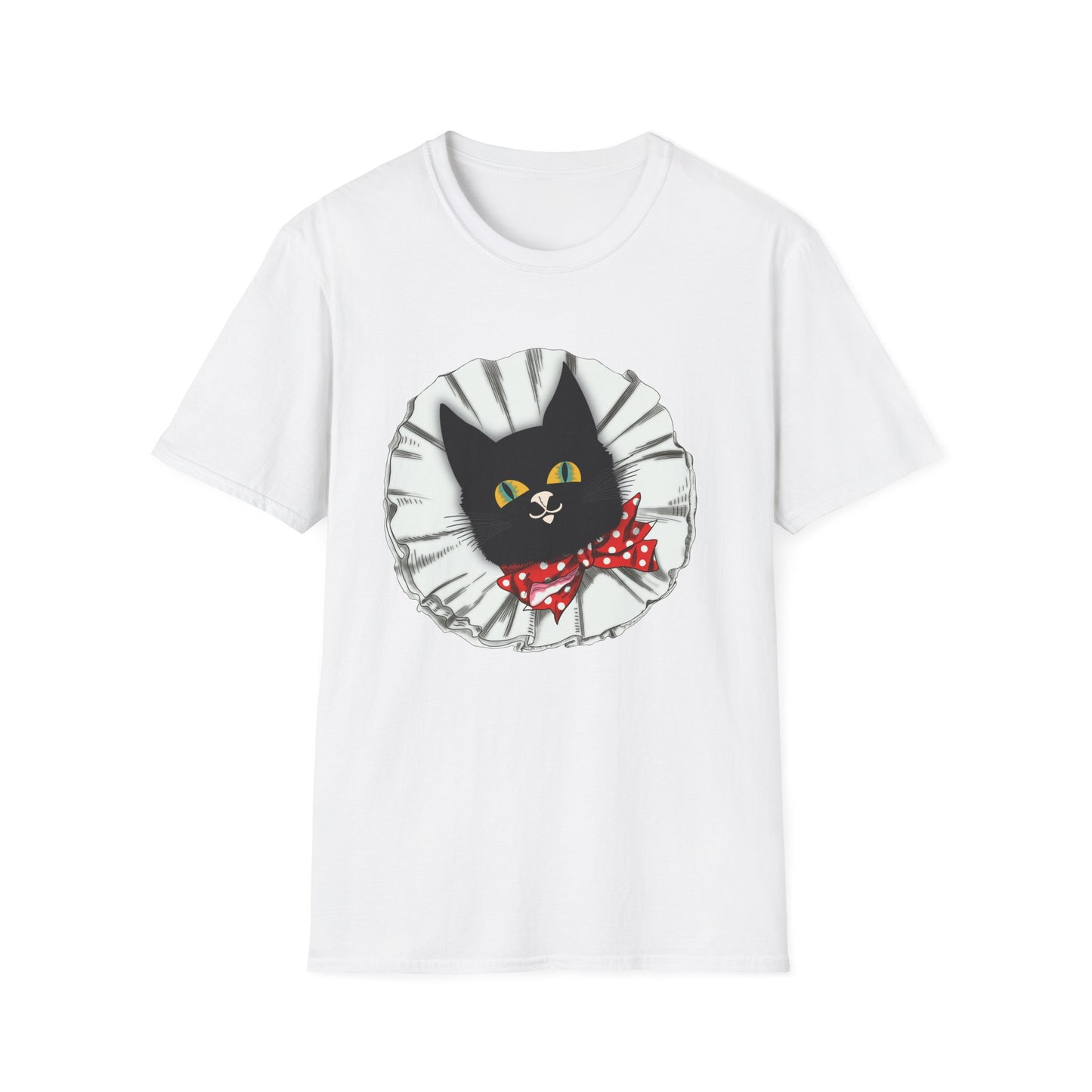 Black Cat Clown Portrait T‑Shirt — Cute Cat Face with Red Bow Graphic Tee