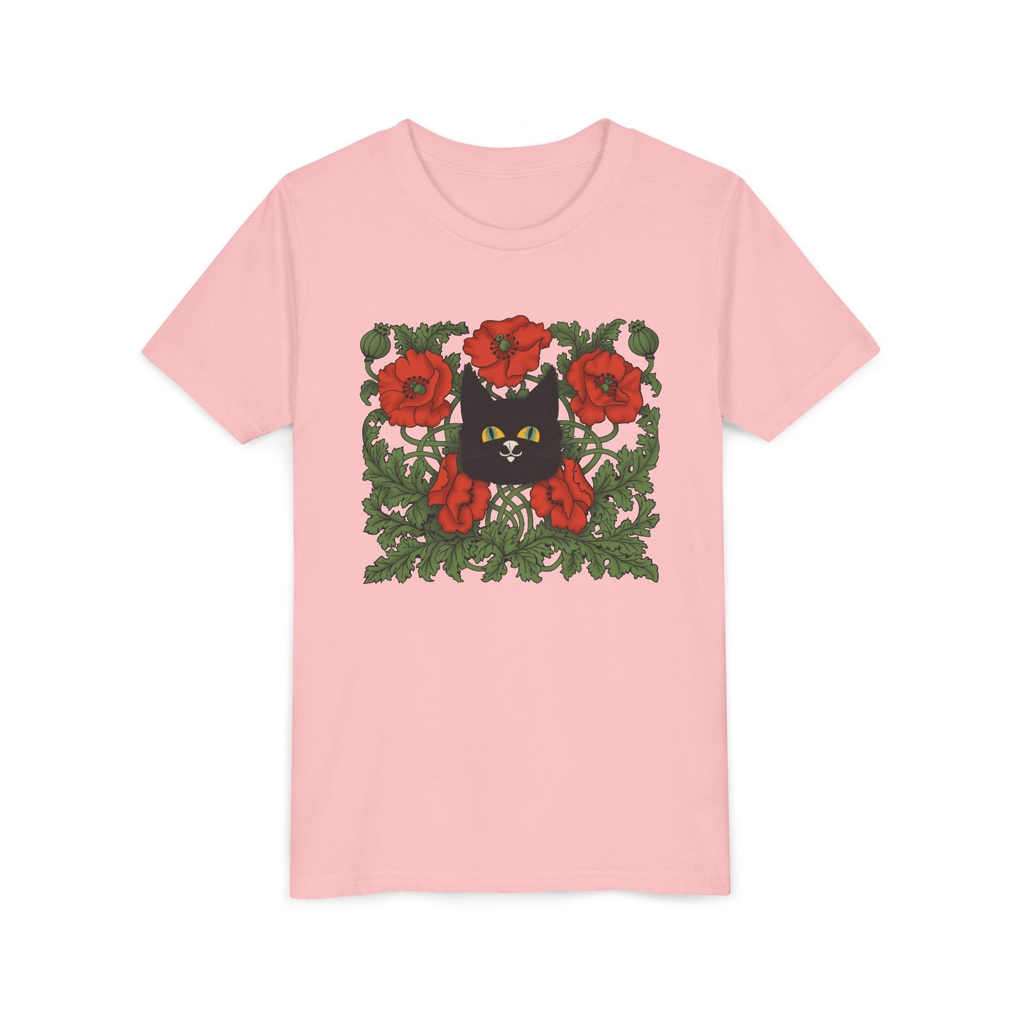 Black Cat Poppies Floral Youth Tee — Black Cat with Red Poppies Kids Shirt