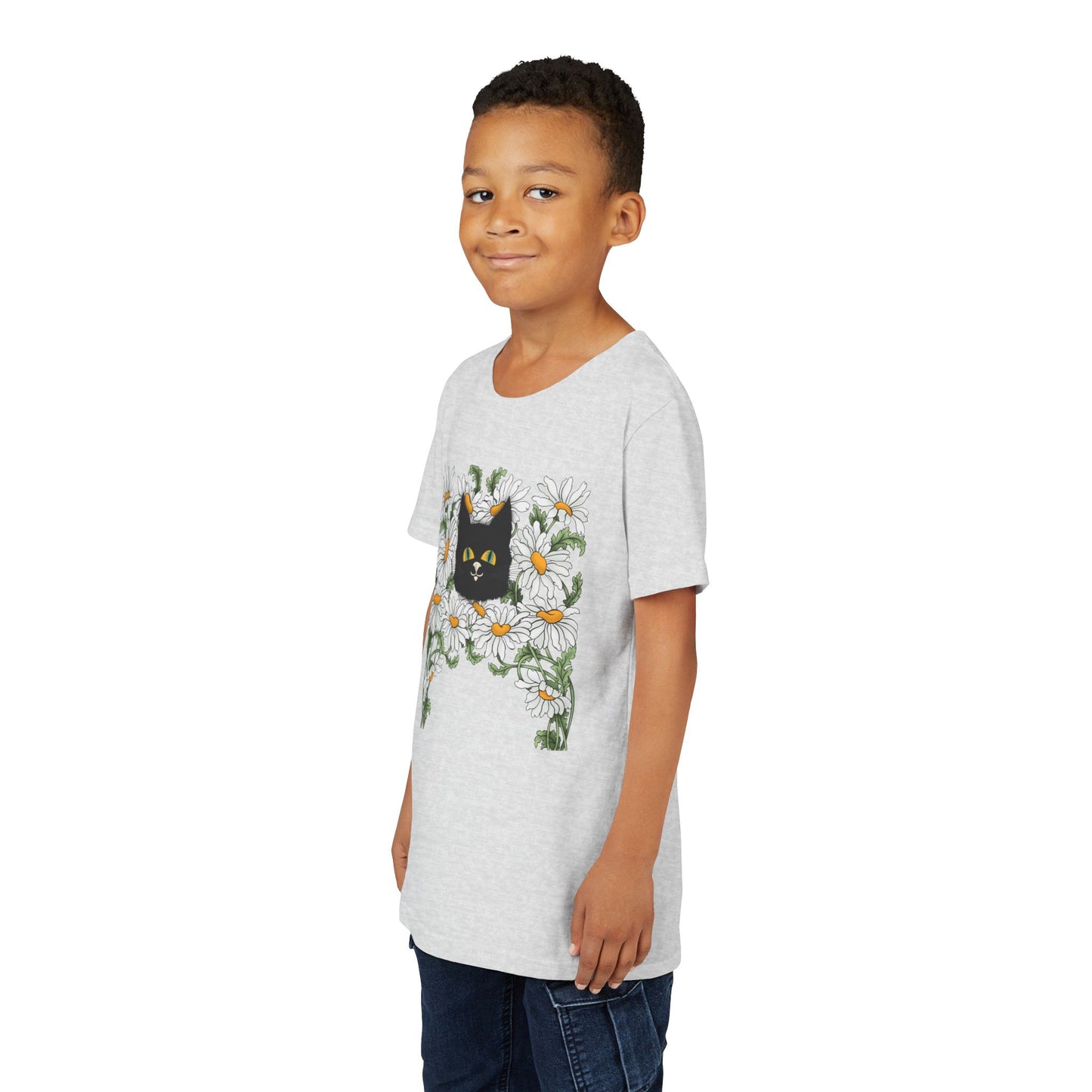 Daisies floral Youth Tee — Black Cat in Daisy Wreath Graphic
