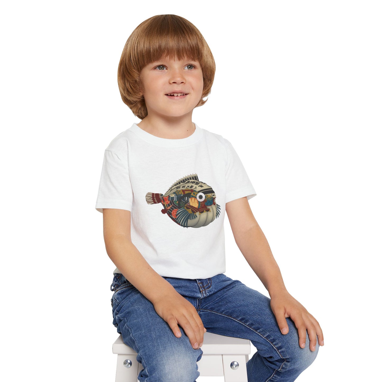 Japanese Puffer Fish Illustration Toddler T-Shirt with Colorful  — Cute Marine Animal Tee for Kids