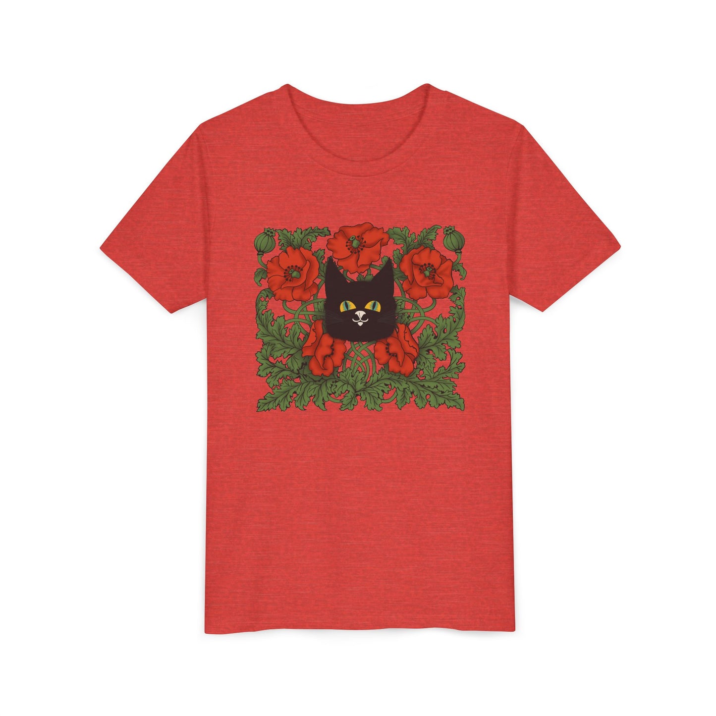 Black Cat Poppies Floral Youth Tee — Black Cat with Red Poppies Kids Shirt