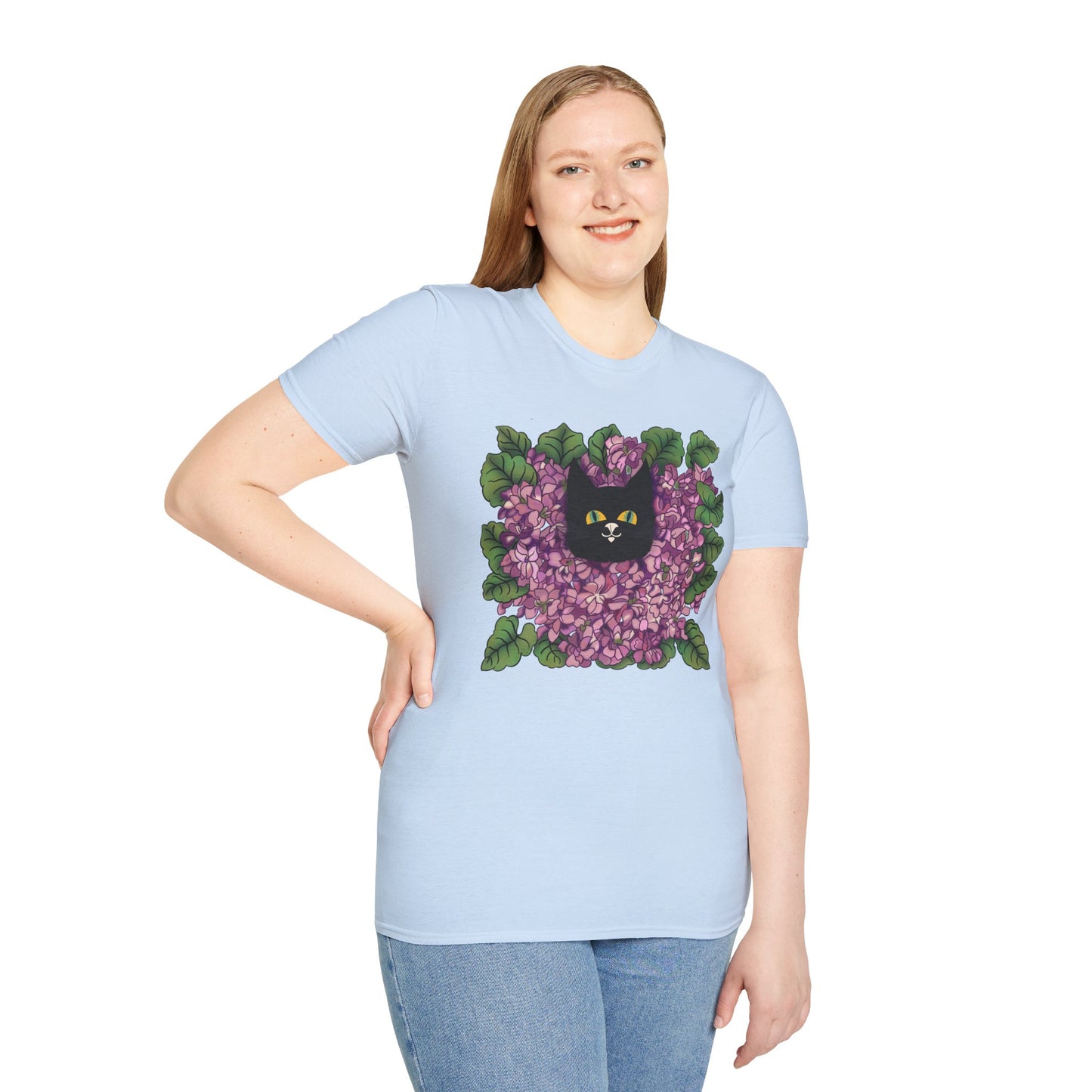 Lilac Cat T-Shirt — Black Cat Nestled in Lilac Flowers