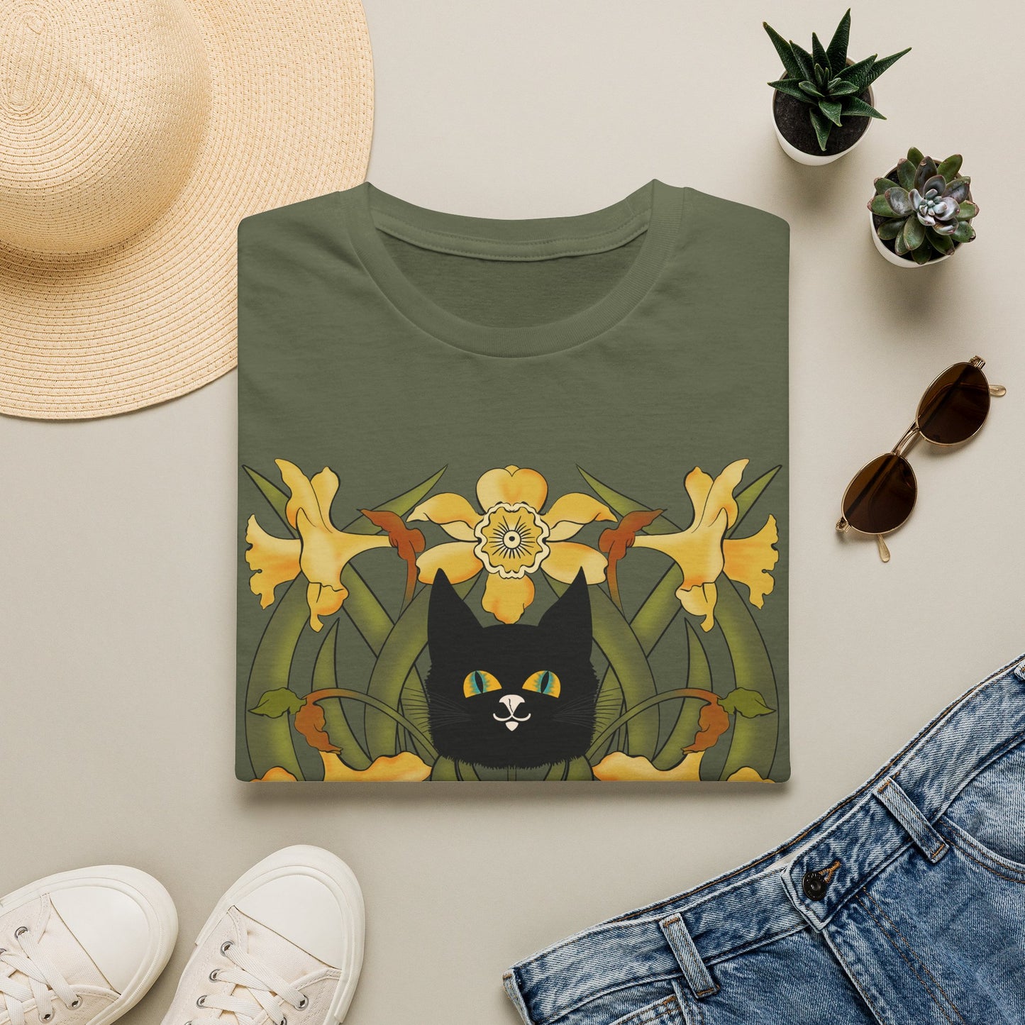 Daffodil Black Cat T‑Shirt — Retro Floral Cat Tee