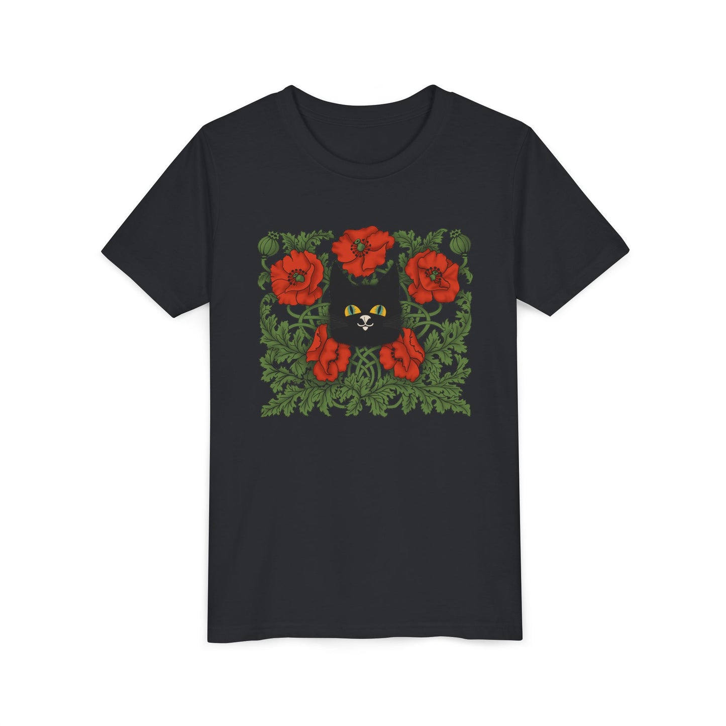 Black Cat Poppies Floral Youth Tee — Black Cat with Red Poppies Kids Shirt