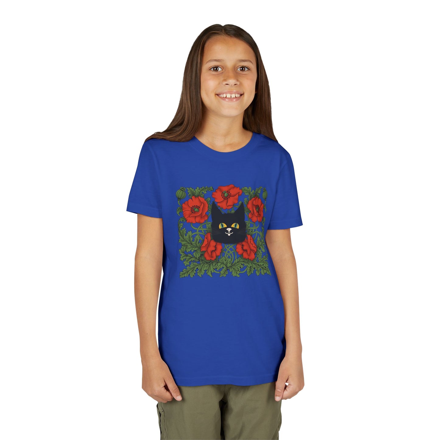 Black Cat Poppies Floral Youth Tee — Black Cat with Red Poppies Kids Shirt