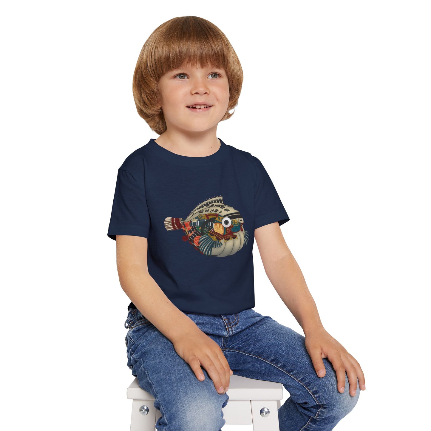 Japanese Puffer Fish Illustration Toddler T-Shirt with Colorful  — Cute Marine Animal Tee for Kids