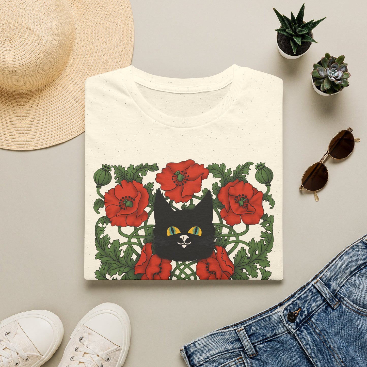 Black Cat & Red Poppies T-Shirt
