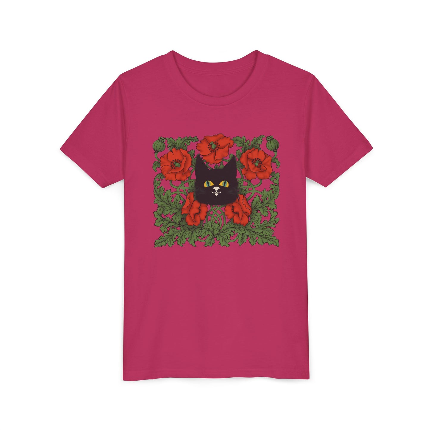 Black Cat Poppies Floral Youth Tee — Black Cat with Red Poppies Kids Shirt