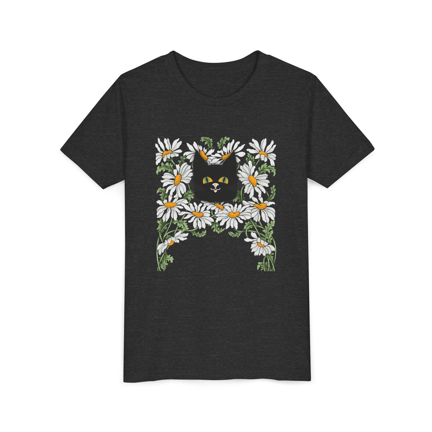 Daisies floral Youth Tee — Black Cat in Daisy Wreath Graphic