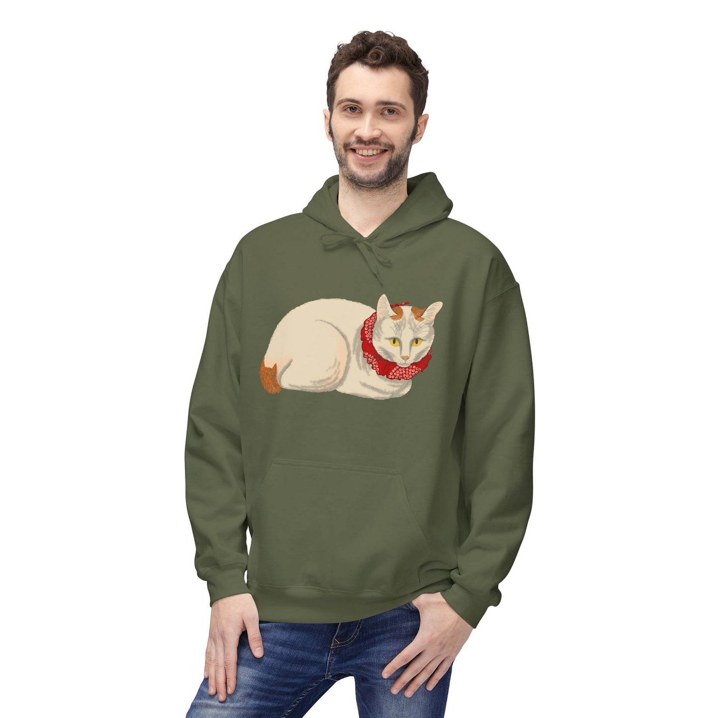 Cozy Red-Scarf Cat Hoodie — Cute Cream Cat Graphic Pullover