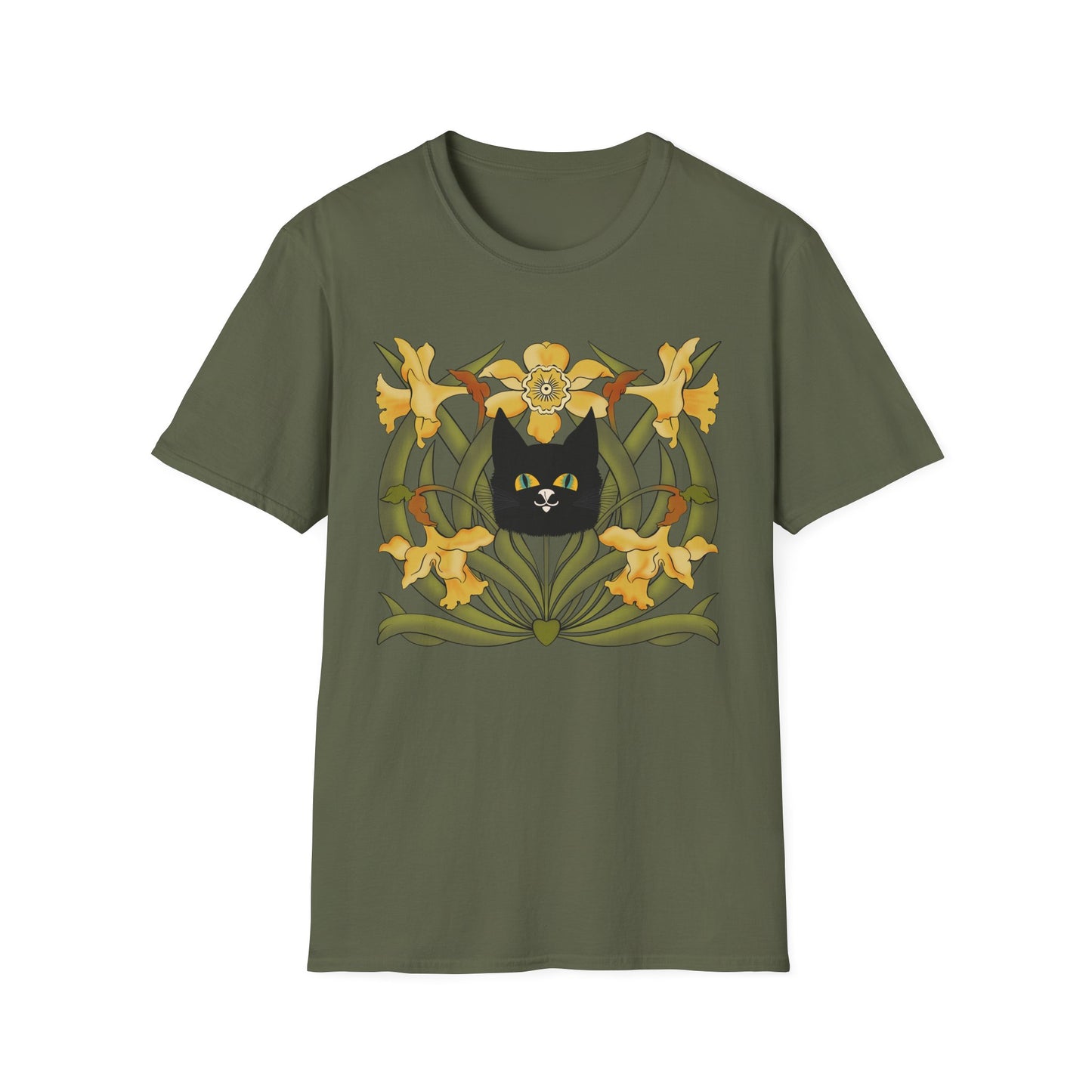 Daffodil Black Cat T‑Shirt — Retro Floral Cat Tee