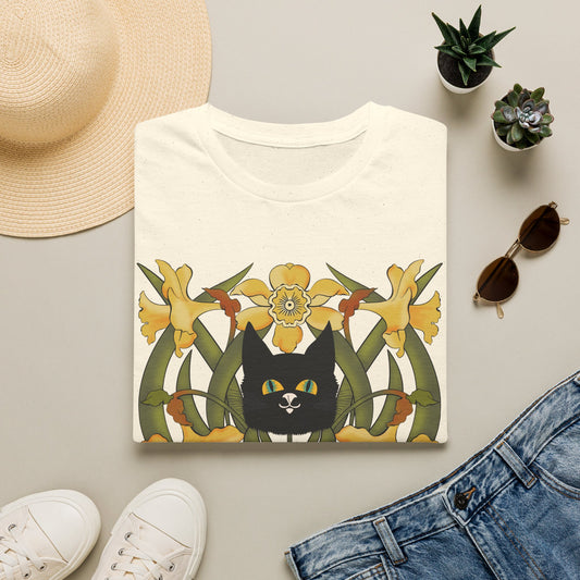 Daffodil Black Cat T‑Shirt — Retro Floral Cat Tee