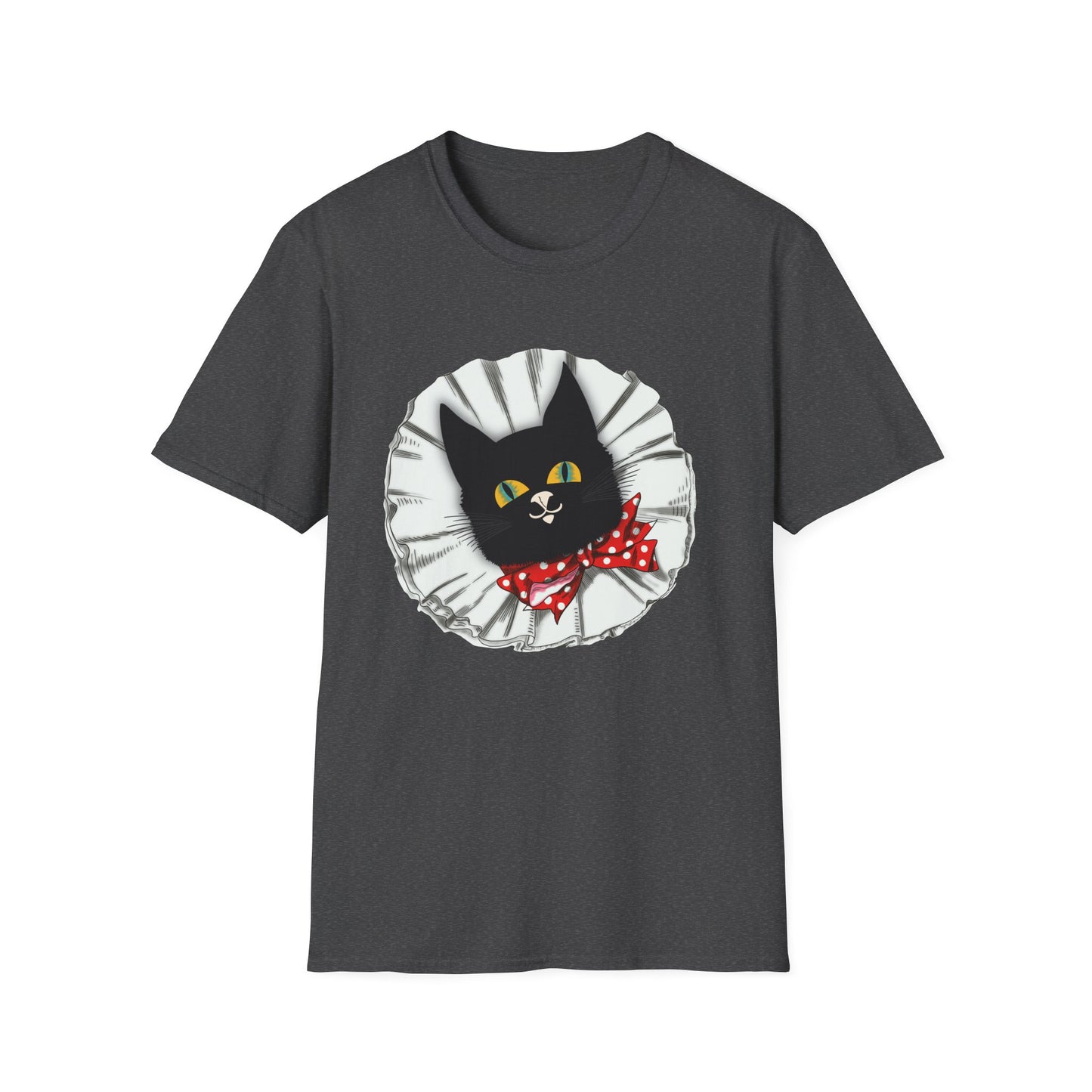 Black Cat Clown Portrait T‑Shirt — Cute Cat Face with Red Bow Graphic Tee