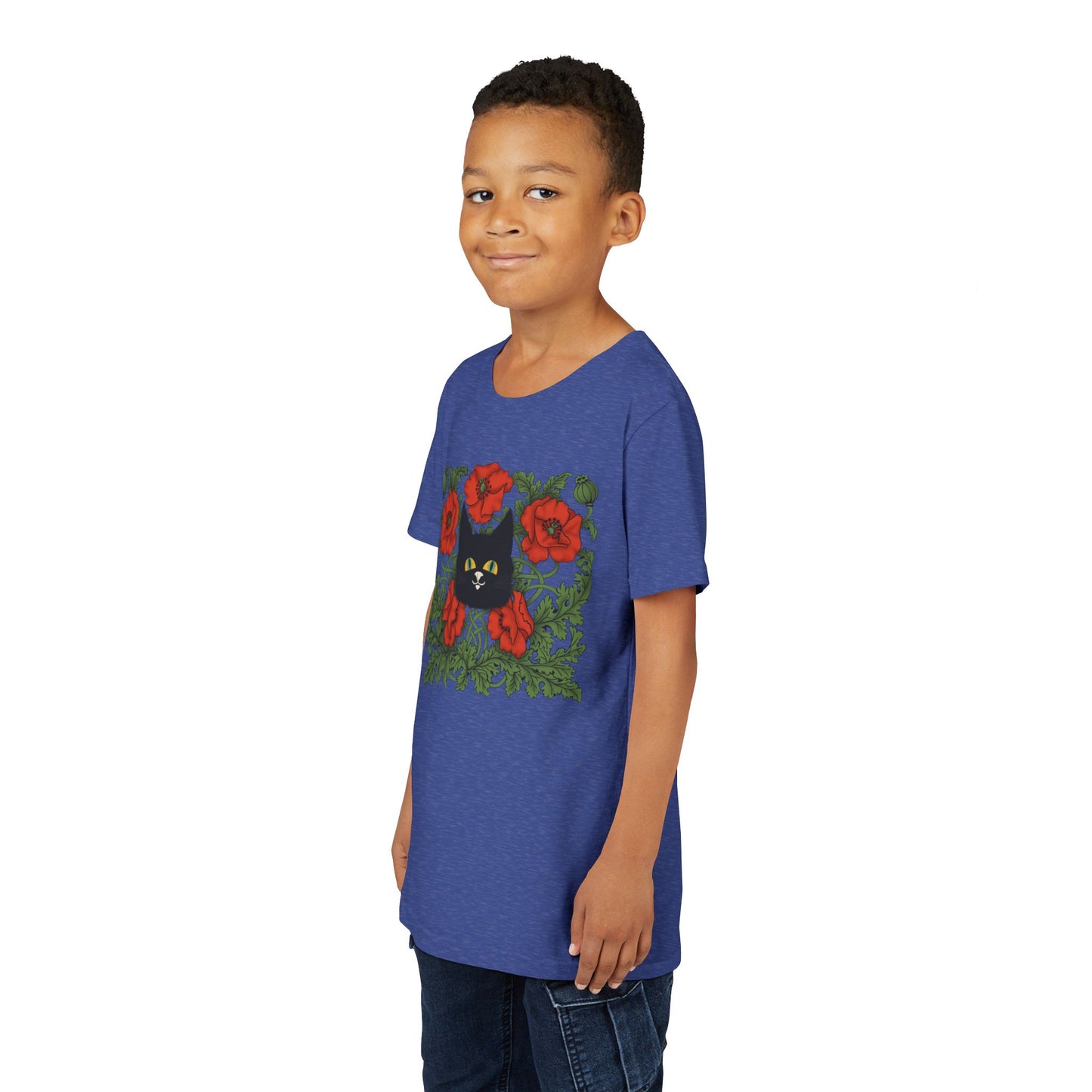 Black Cat Poppies Floral Youth Tee — Black Cat with Red Poppies Kids Shirt