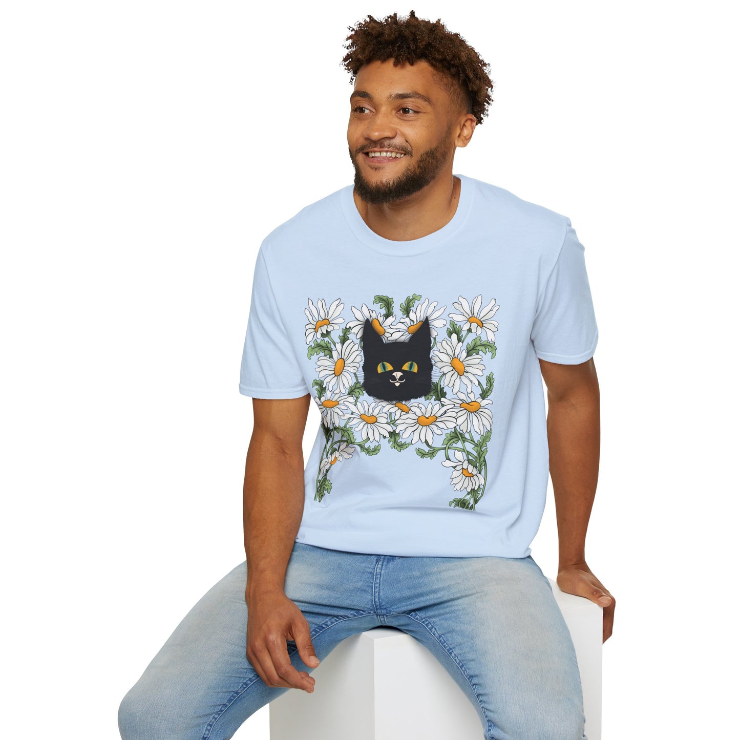 Black Cat & Daisies T‑Shirt — Cute Floral Cat Tee for Cat Lovers