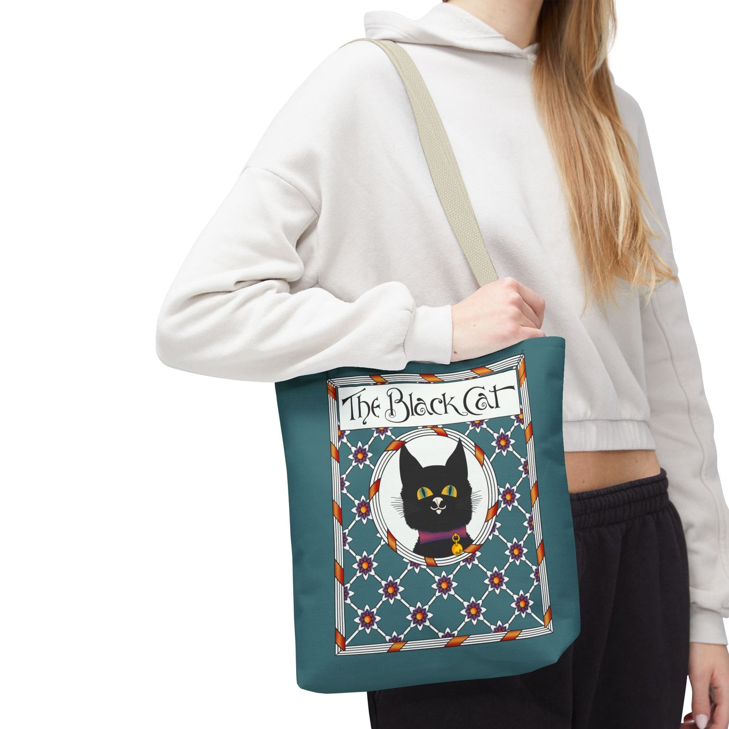 The Black Cat Teal Tote Bag — Vintage Art Nouveau Cat Shopper