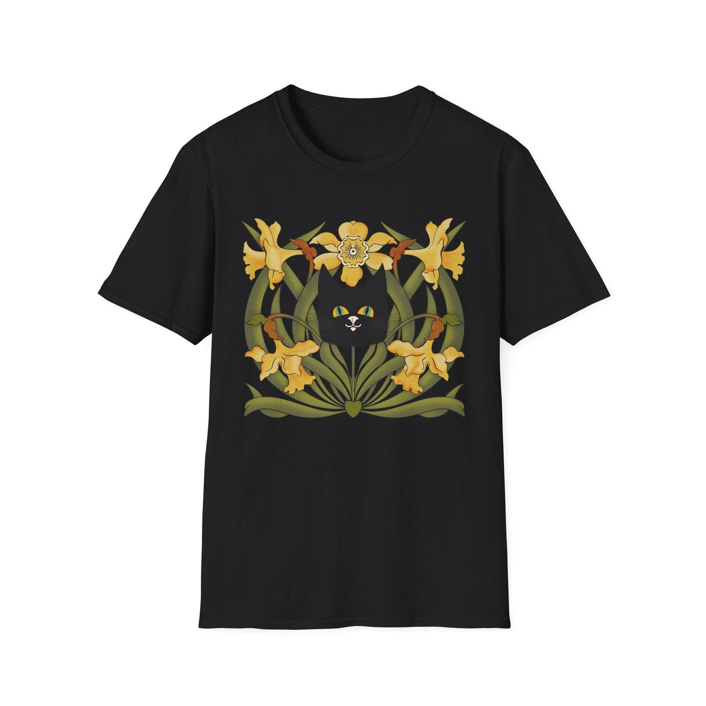 Daffodil Black Cat T‑Shirt — Retro Floral Cat Tee