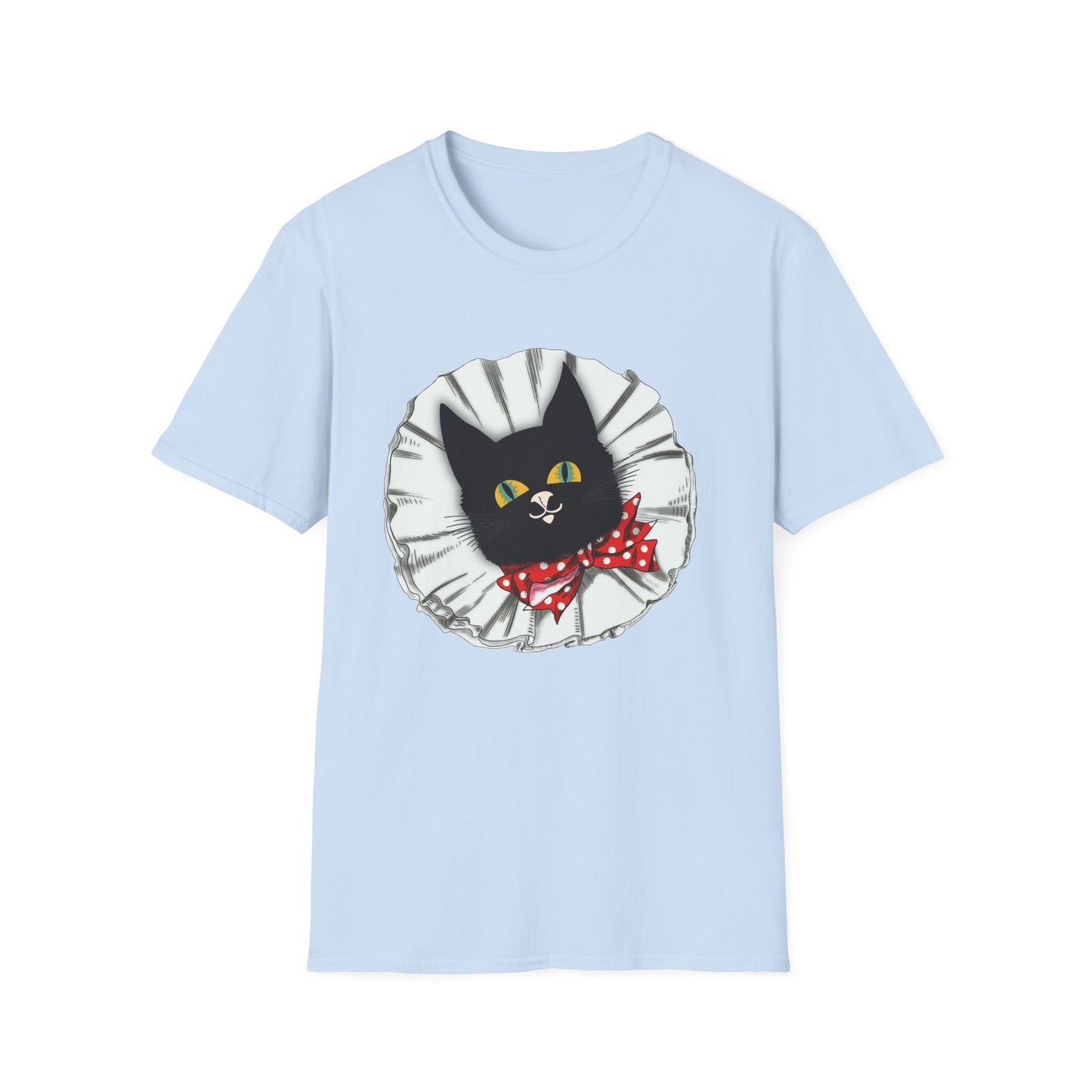 Black Cat Clown Portrait T‑Shirt — Cute Cat Face with Red Bow Graphic Tee