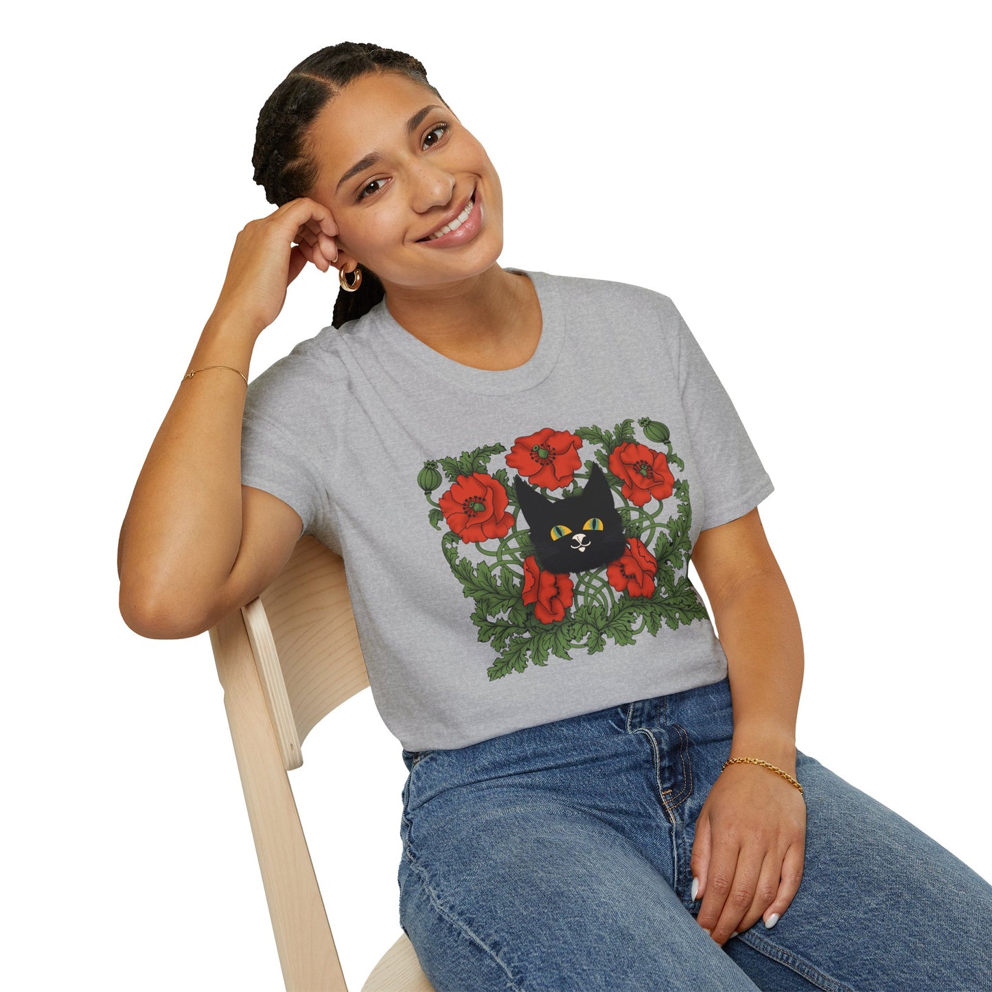 Black Cat & Red Poppies T-Shirt