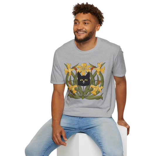Daffodil Black Cat T‑Shirt — Retro Floral Cat Tee
