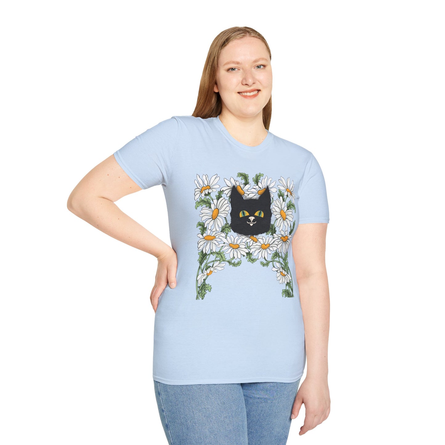 Black Cat & Daisies T‑Shirt — Cute Floral Cat Tee for Cat Lovers