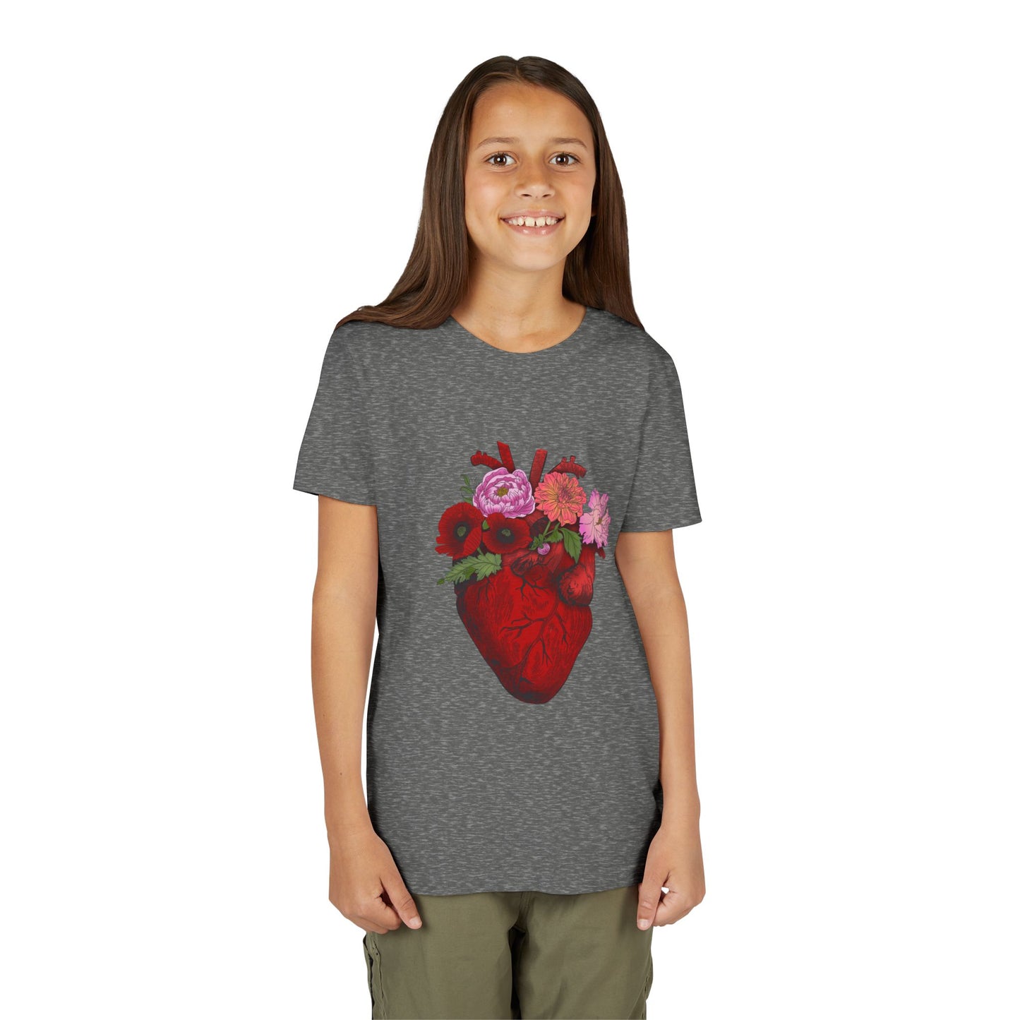 Floral Heart Youth Tee — Floral Anatomical Heart Graphic Kids T-Shirt