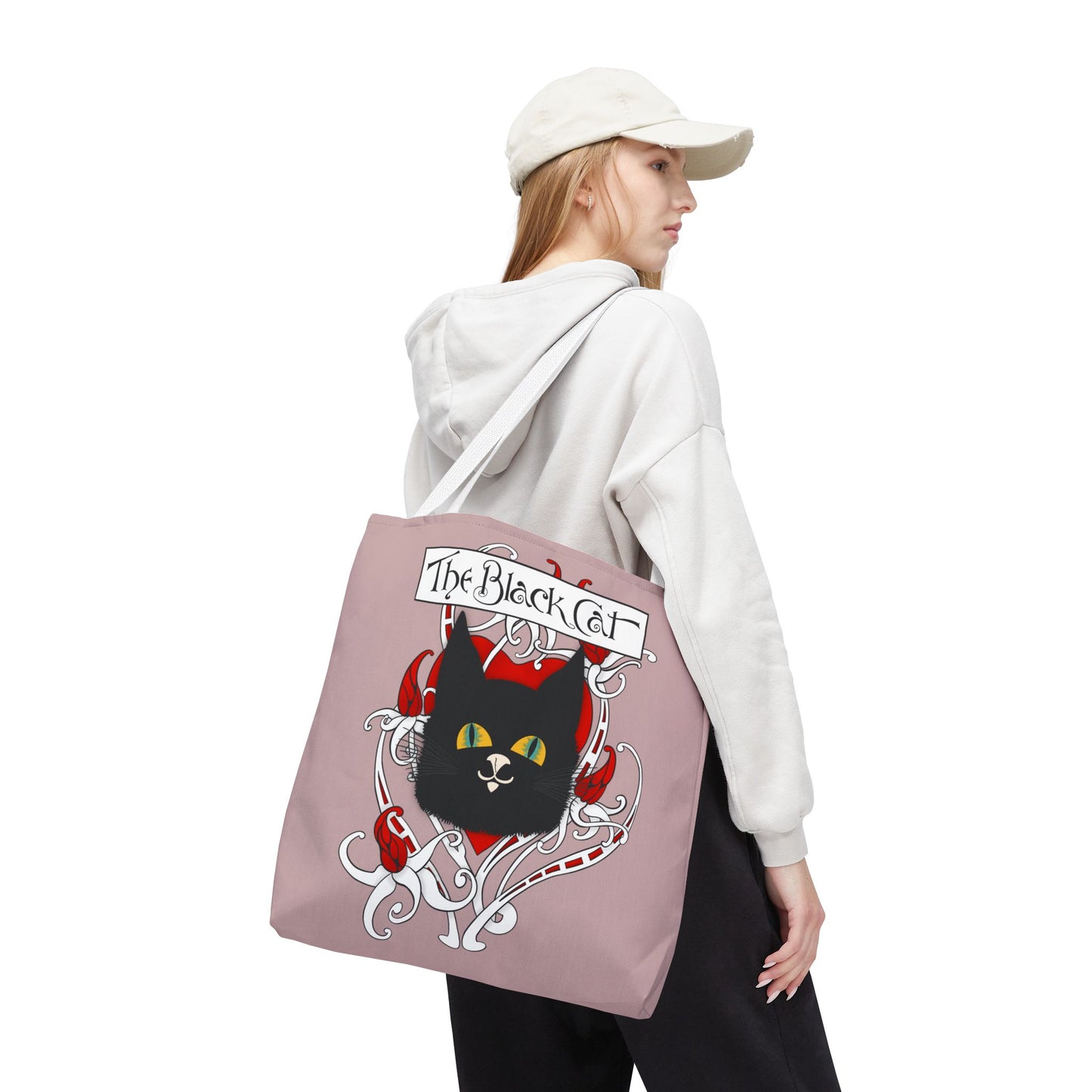 Black Cat Heart Tote Bag — 'The Black Cat' Gothic Vintage Cat Illustration Beach & Market Bag