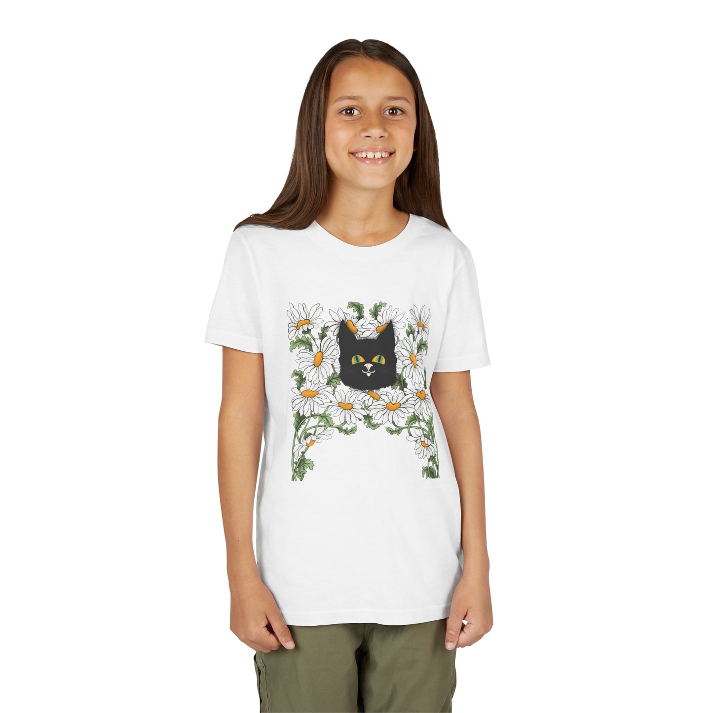 Daisies floral Youth Tee — Black Cat in Daisy Wreath Graphic