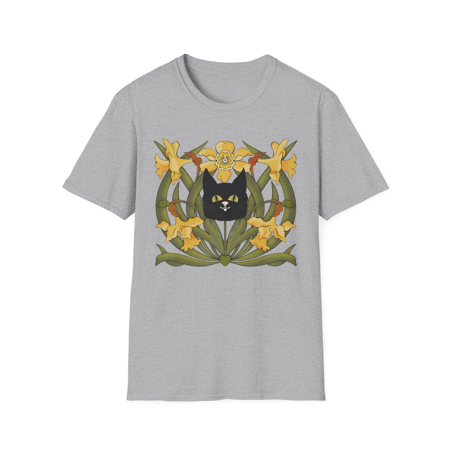 Daffodil Black Cat T‑Shirt — Retro Floral Cat Tee