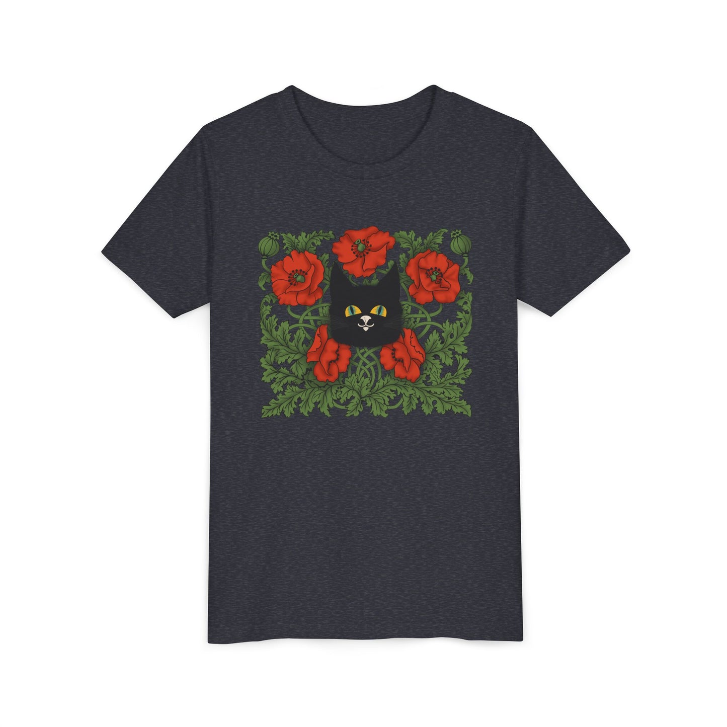 Black Cat Poppies Floral Youth Tee — Black Cat with Red Poppies Kids Shirt