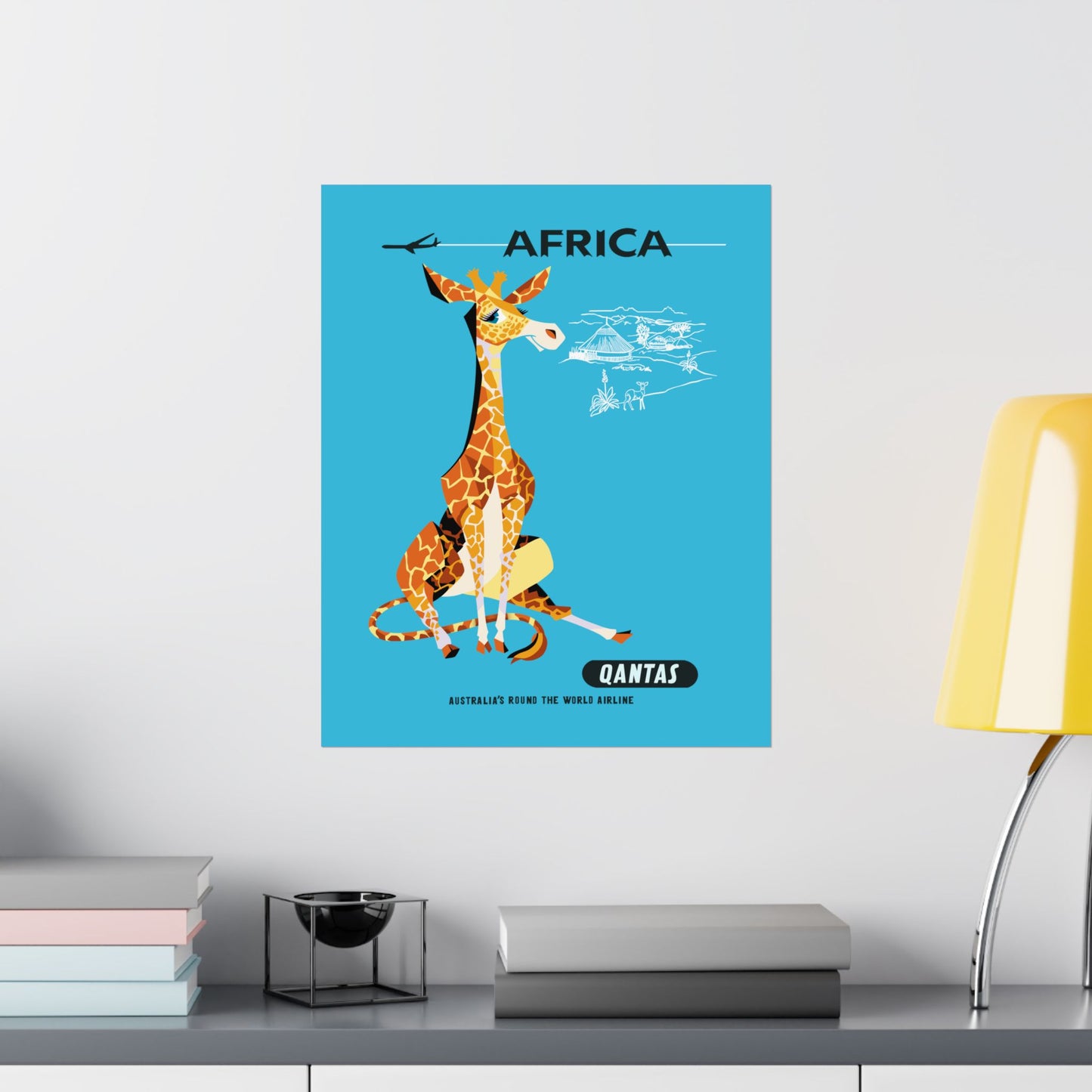 Vintage African Safari Qantas Australia Air Satin Poster