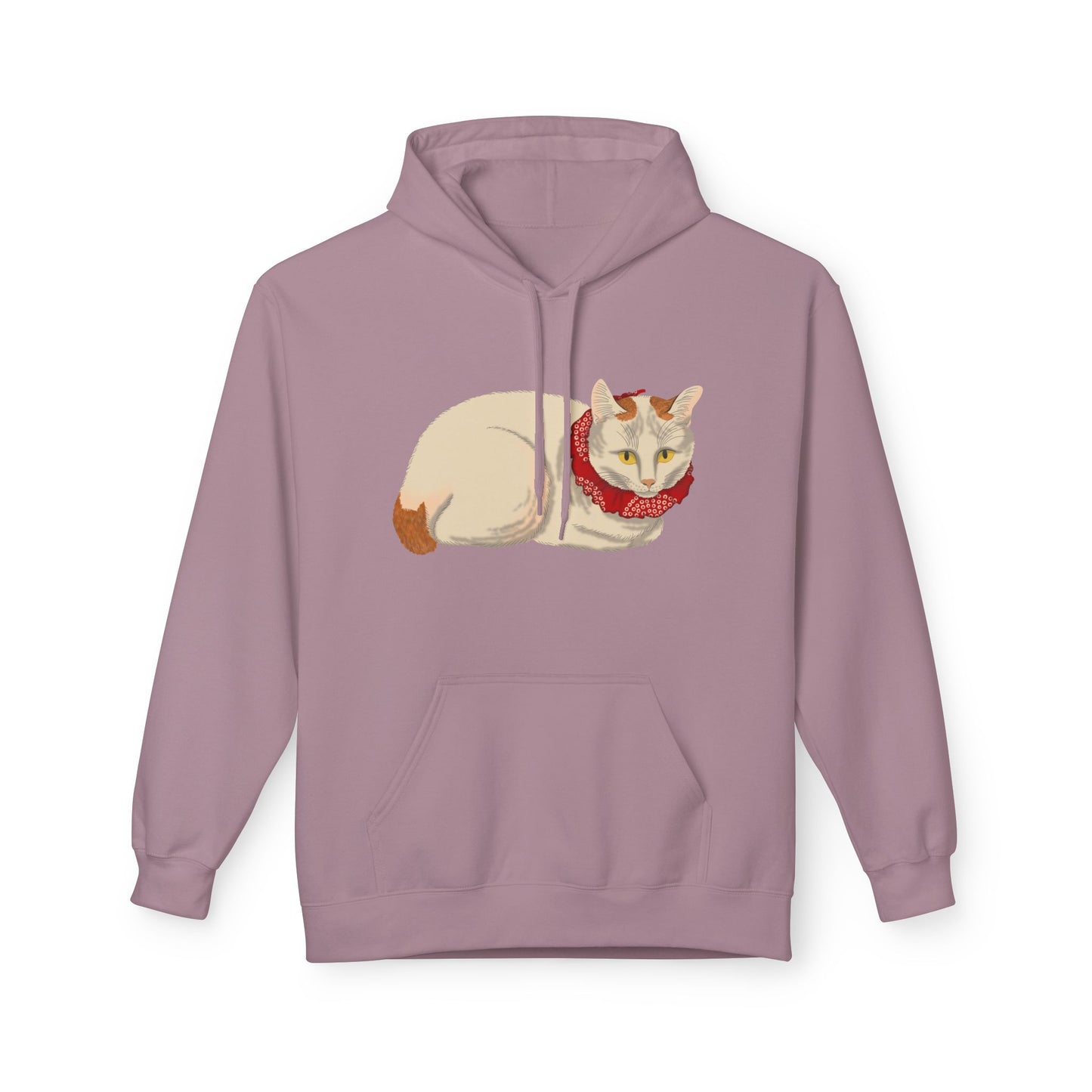 Cozy Red-Scarf Cat Hoodie — Cute Cream Cat Graphic Pullover