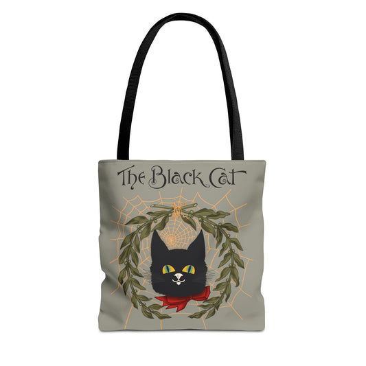 The Black Cat Web Tote Bag — Vintage Witchy Cat Holiday Grocery Tote