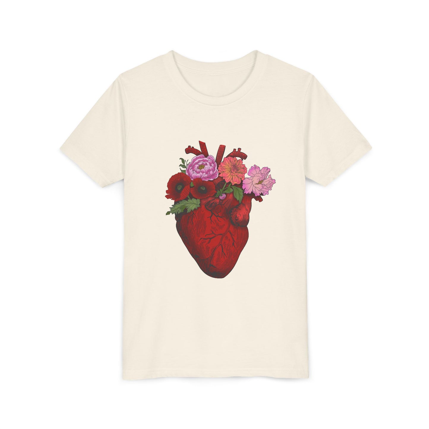 Floral Heart Youth Tee — Floral Anatomical Heart Graphic Kids T-Shirt