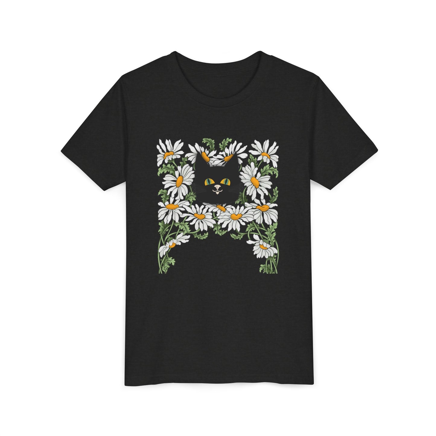 Daisies floral Youth Tee — Black Cat in Daisy Wreath Graphic