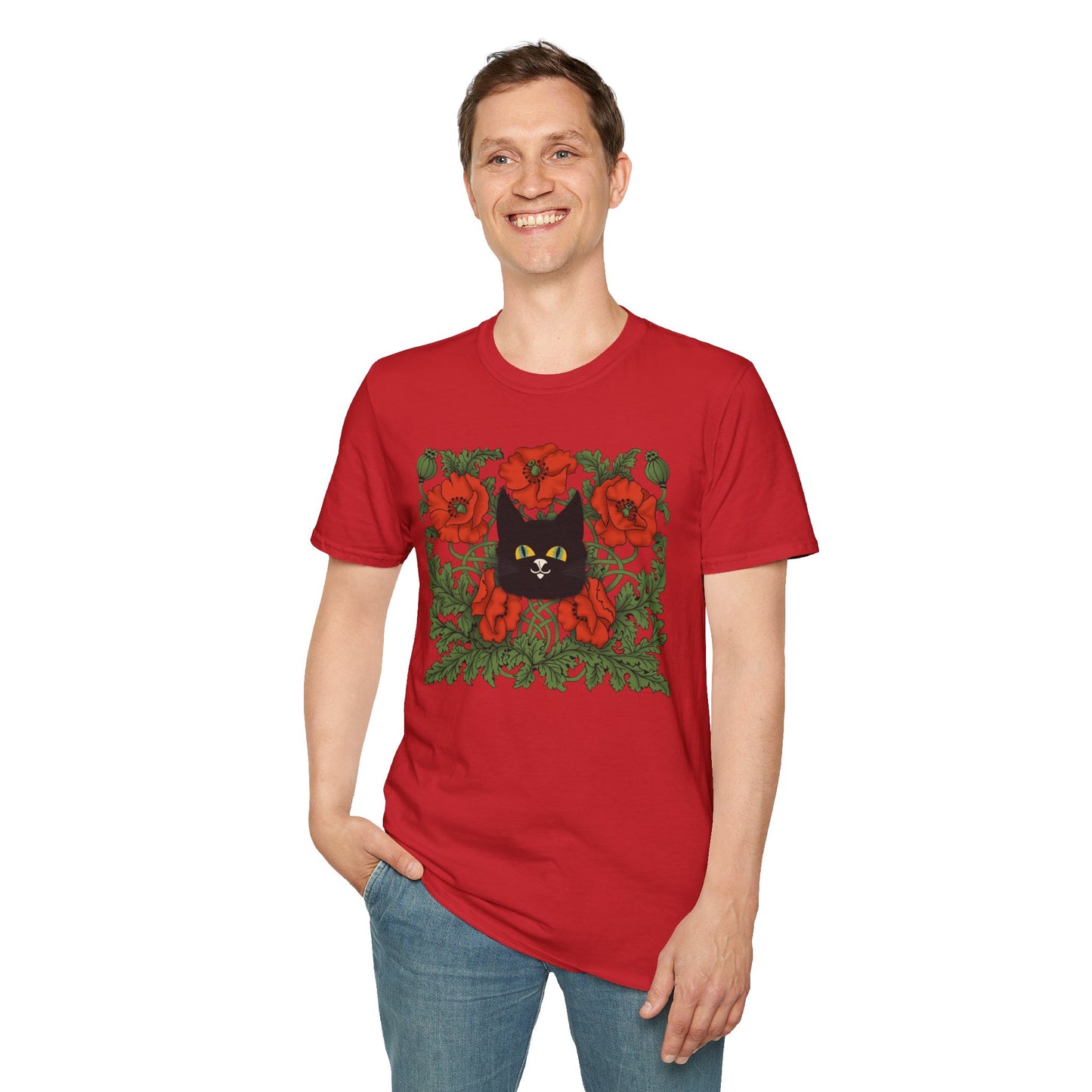 Black Cat & Red Poppies T-Shirt